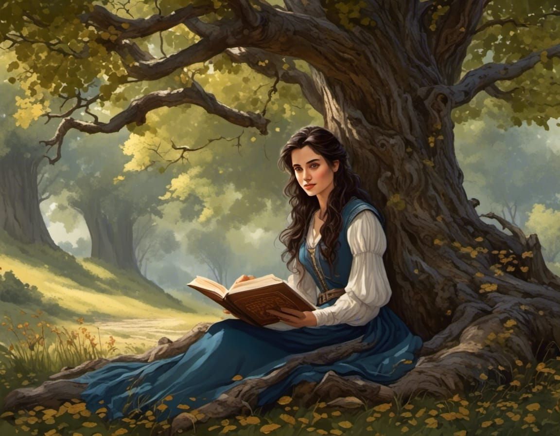 Girl Reading Under Elm Tree: Fantasy Art
