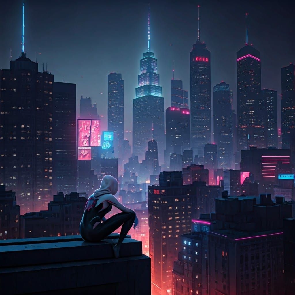 Spider-Gwen Contemplates Neon Cityscape in Synthwave Style