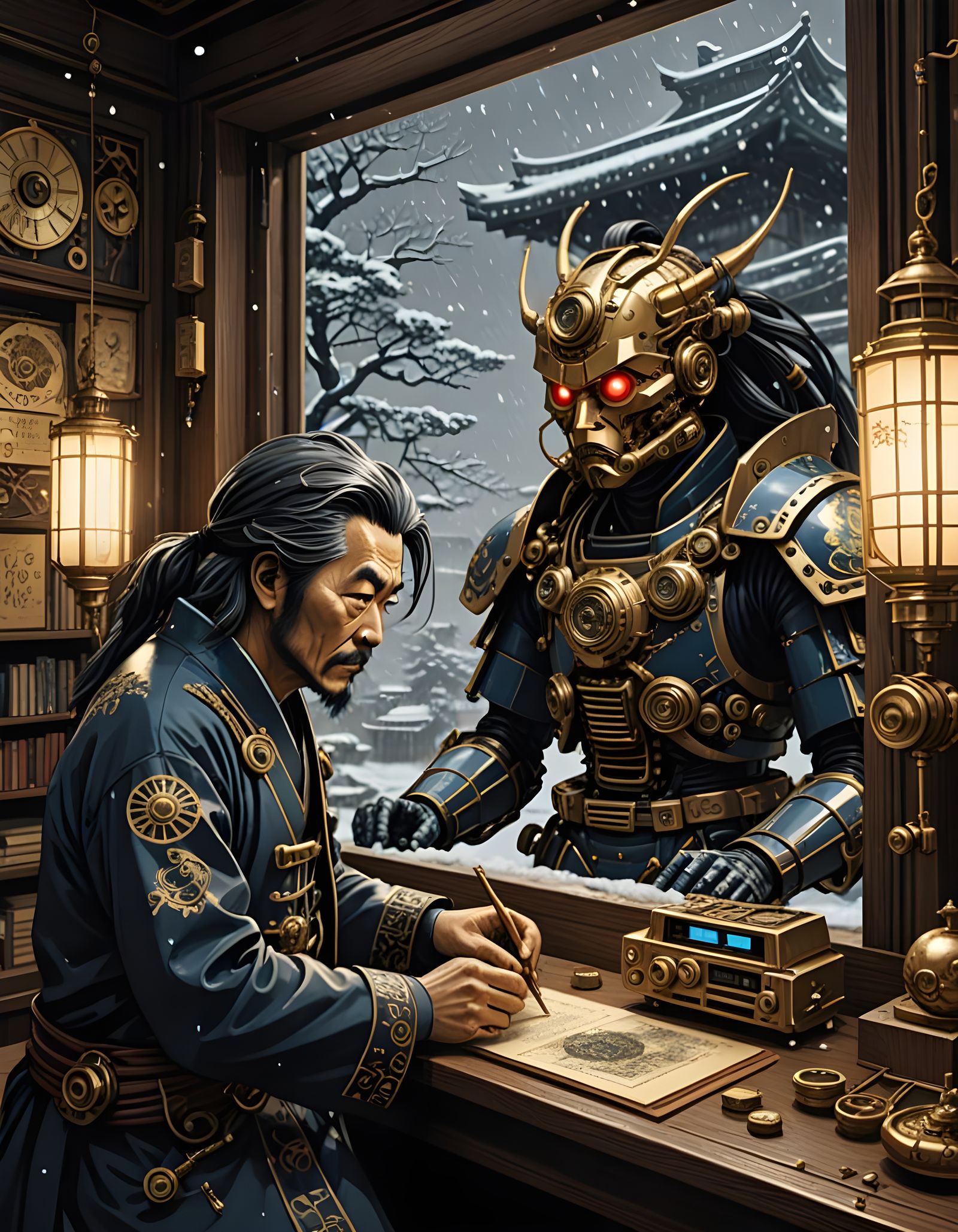 Steampunk Samurai Contemplates Winter Storm