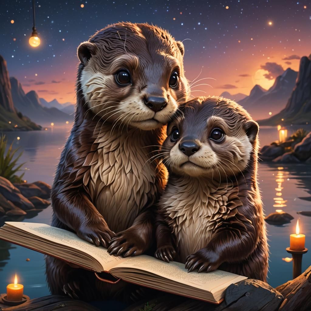 Anthropomorphic Otter Reading to Baby Otter