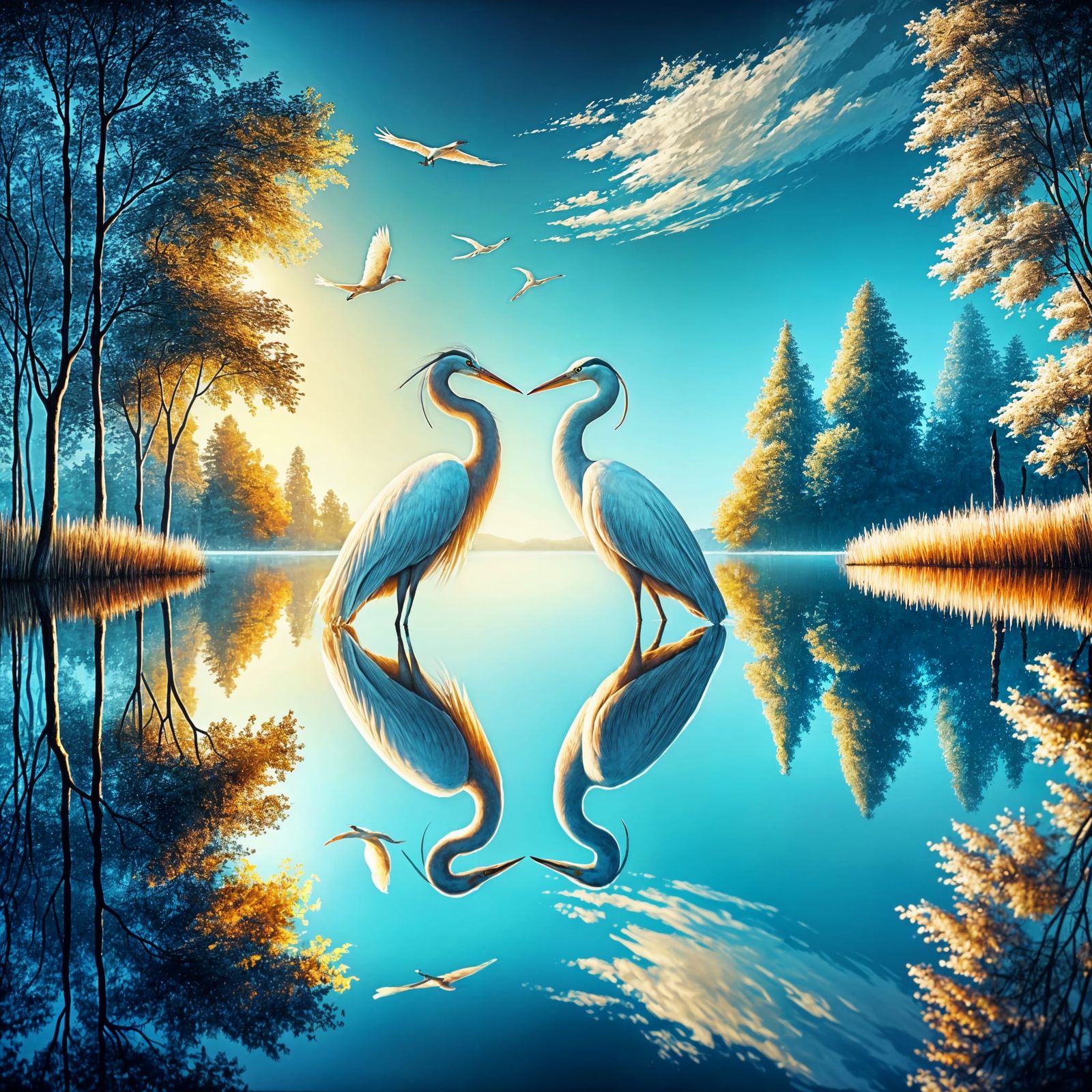 Elegant Herons Reflecting in Tranquil Lake