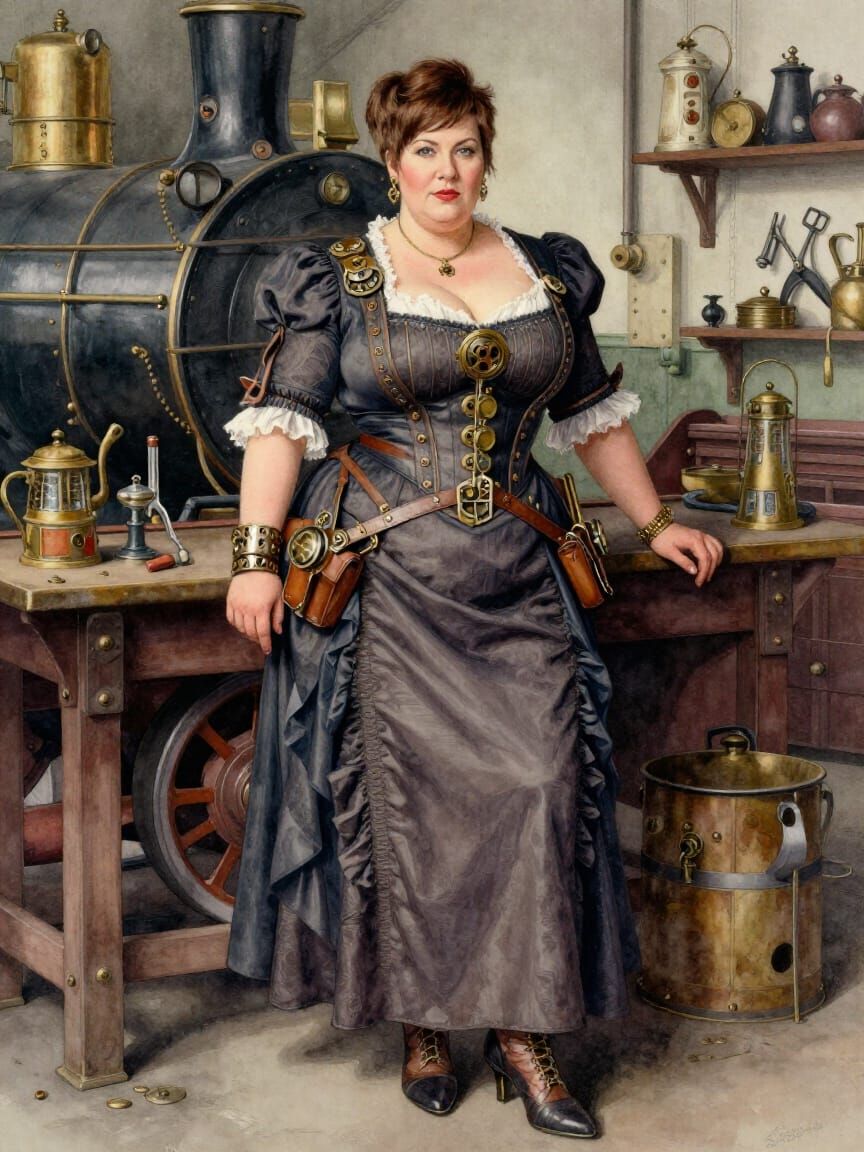 Steampunk Woman in Locomotive Workshop Portrait
