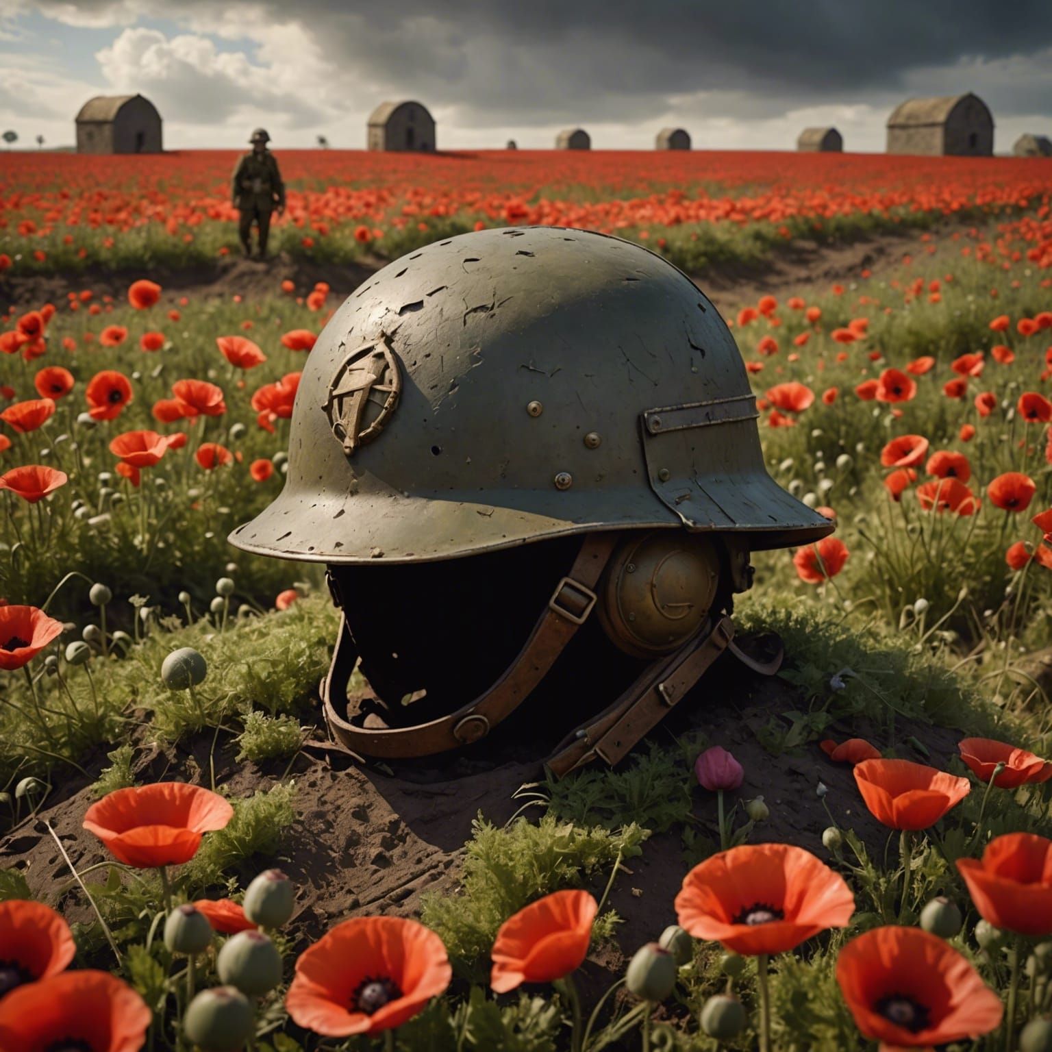 WWII Helmet in Poppy Field: Digital Matte Painting