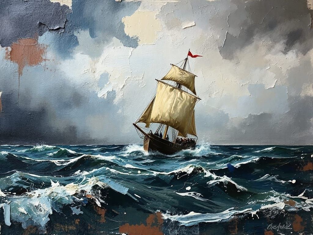Ship Battles Storm: Abstract Expressionist Impasto Painting