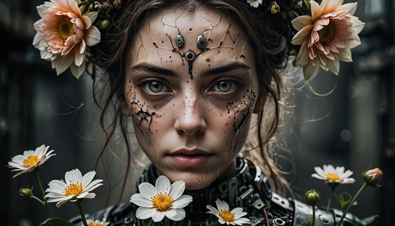 Android Holding Flower: Hyperrealistic Close-Up Portrait