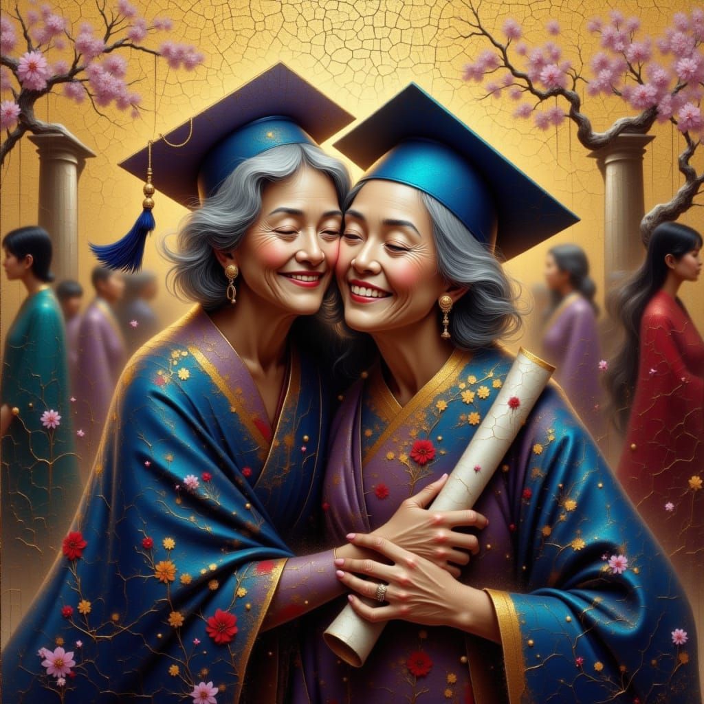 Emotional Graduation Scene in Sơn Mài Style