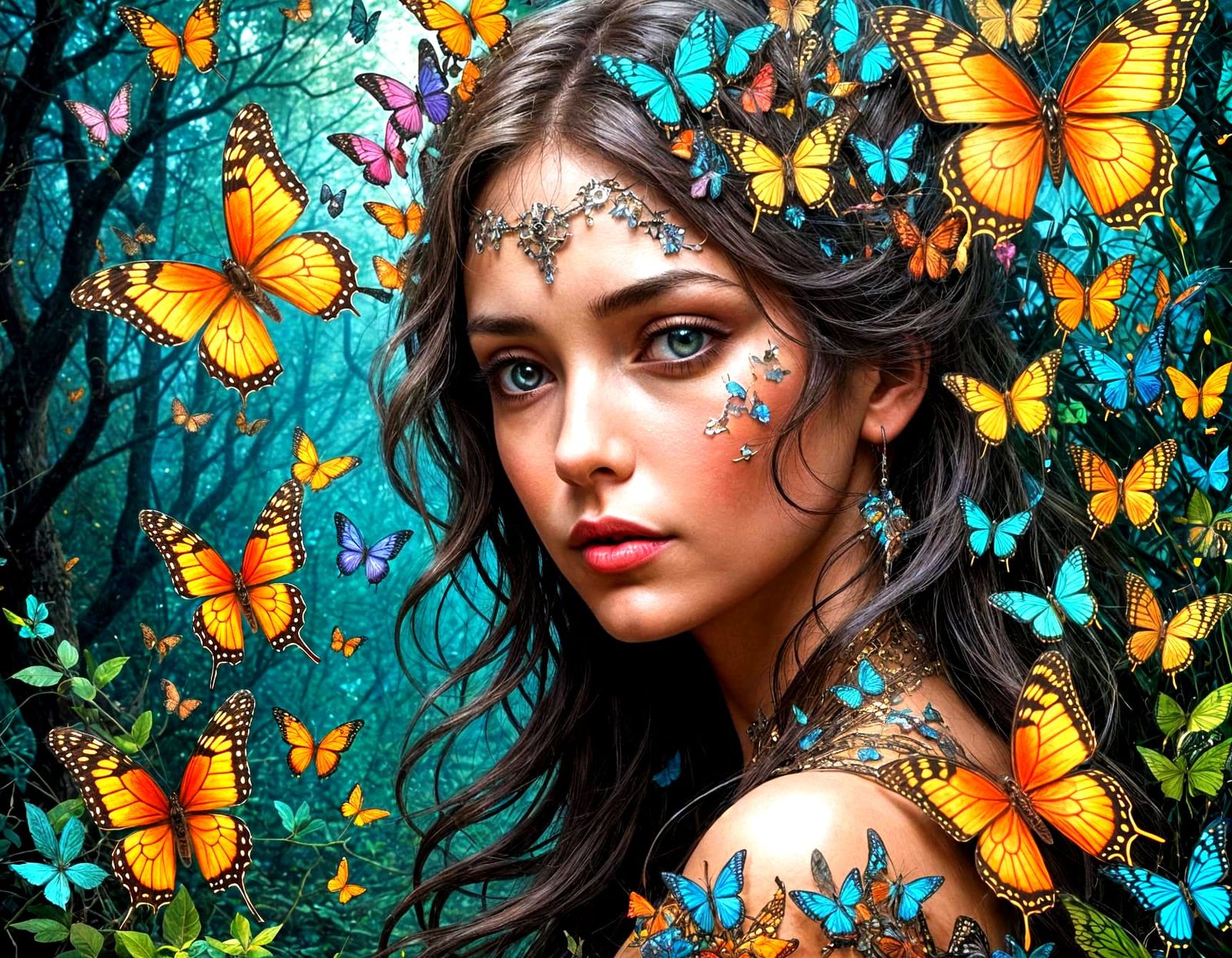 Surreal Butterflies Portrait in Triadic Colors