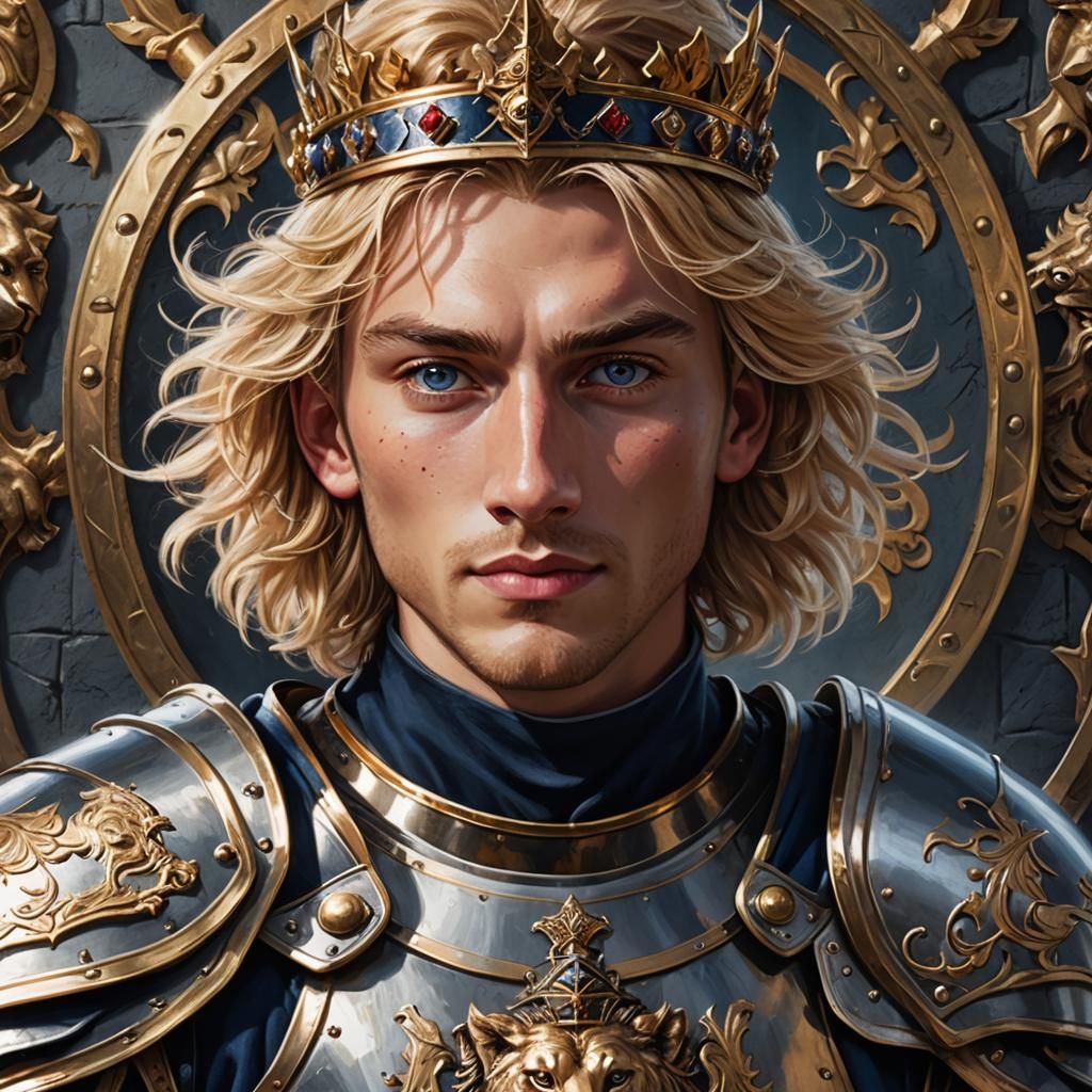 Young King in Armor with Sword and Shield