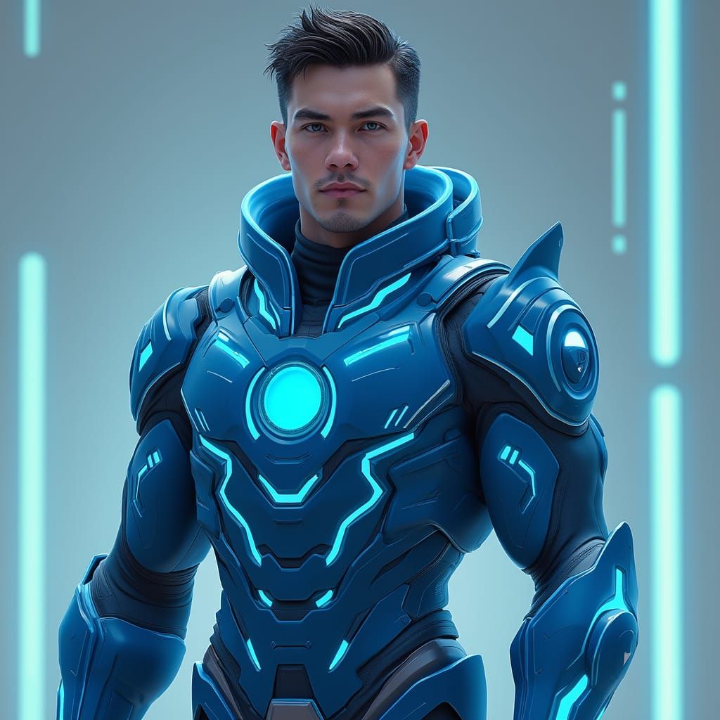 Futuristic Superhero in Blue and Cyan Costume