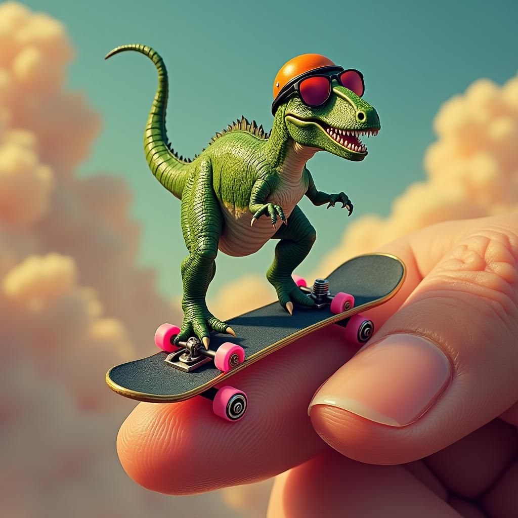 T-Rex Rides Skateboard in Surreal Dreamscape
