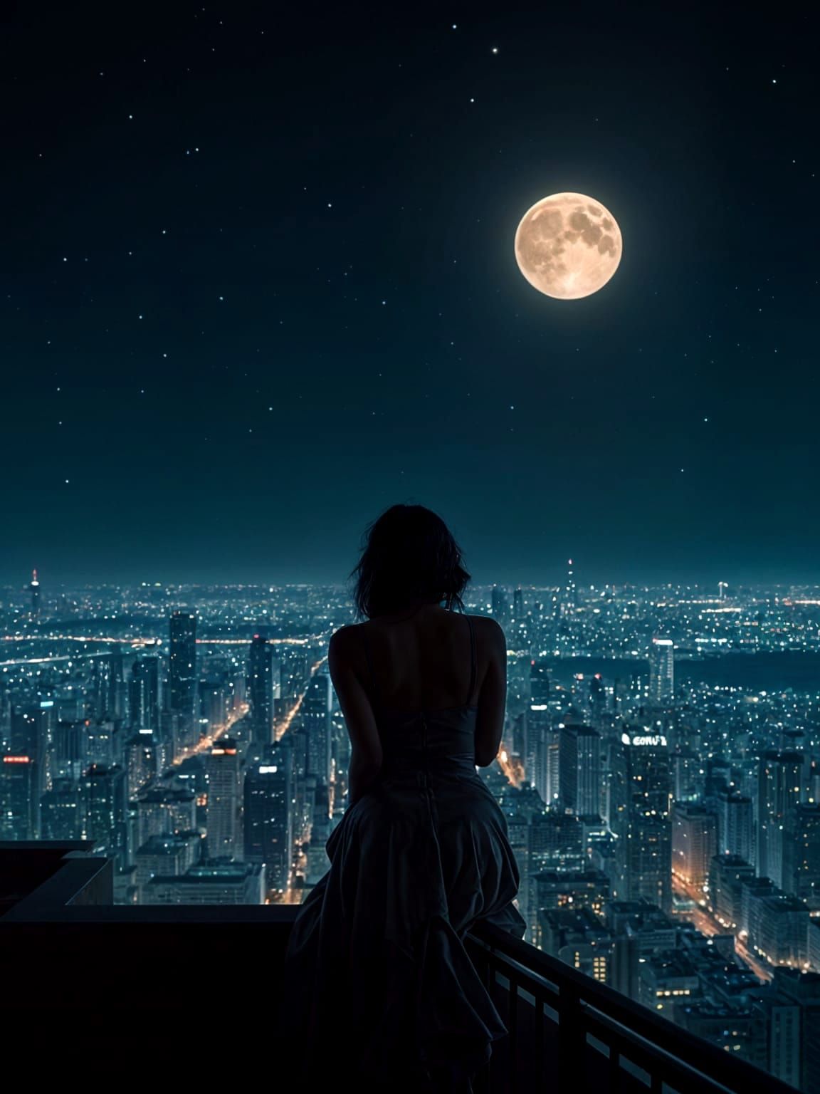 Natasha Fatale Contemplates Cityscape on Moonlit Balcony