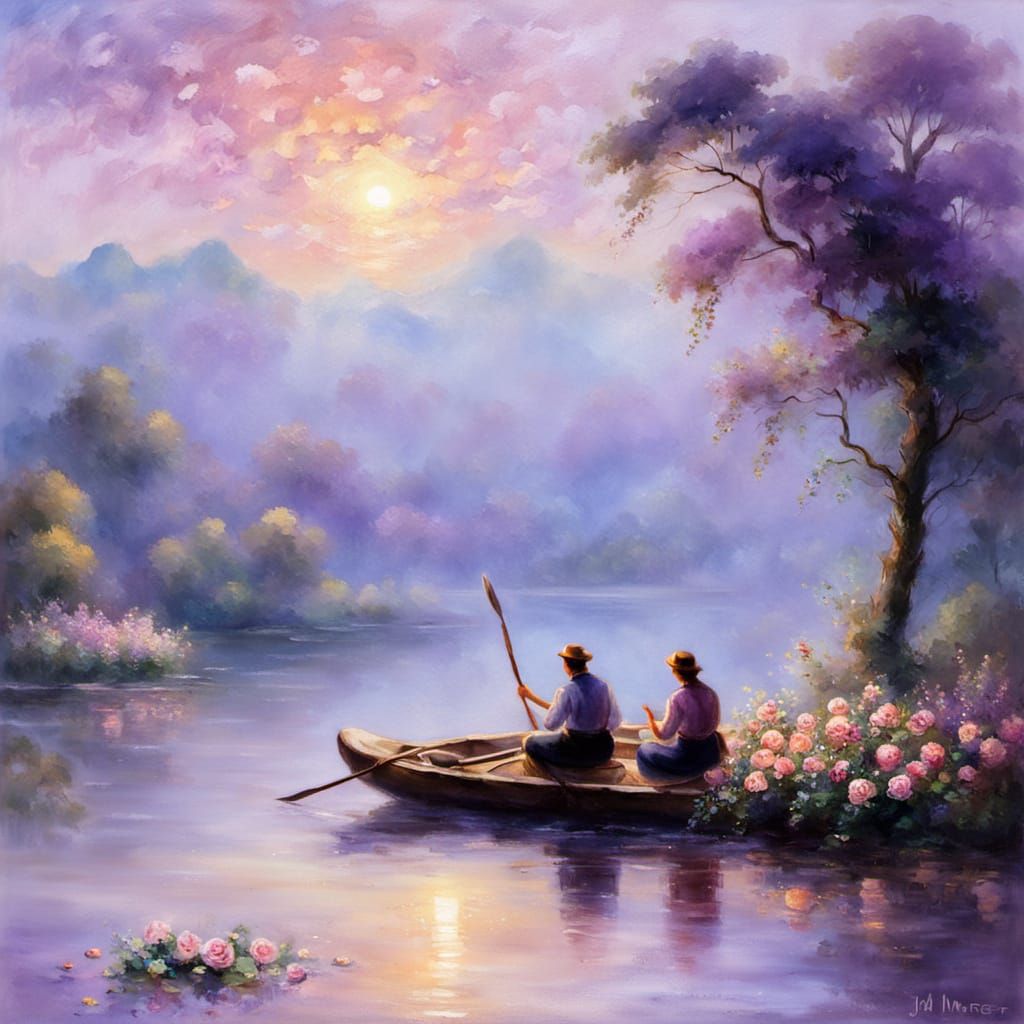 Romantic Lake Scene in Impressionist Style