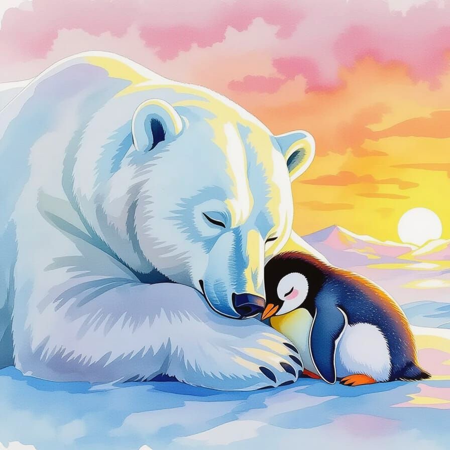Baby Penguin Sleeps Peacefully with Polar Bear at Sunset