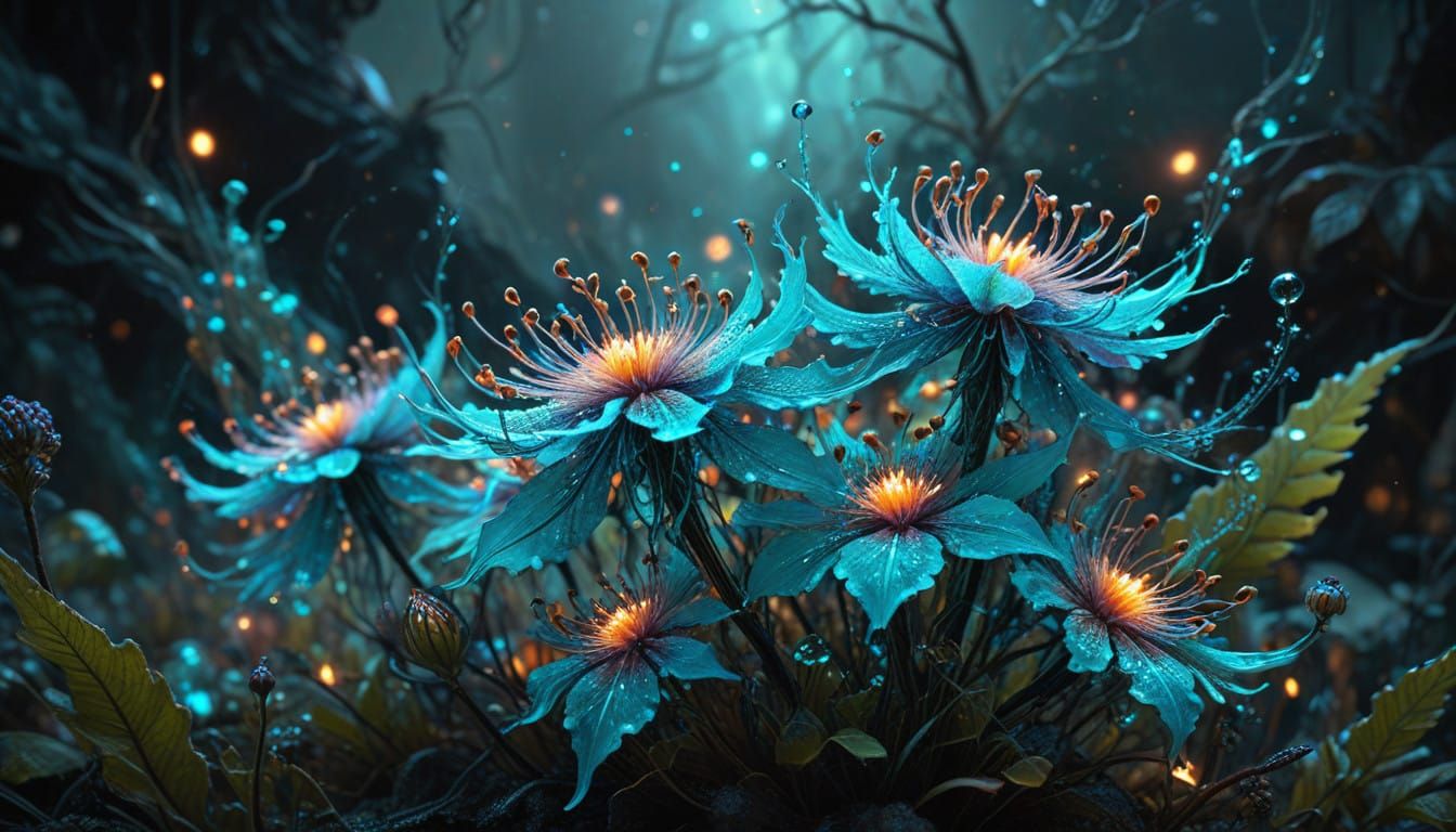 Surreal, Glowing Flowers in Cosmic, Smoky Landscape