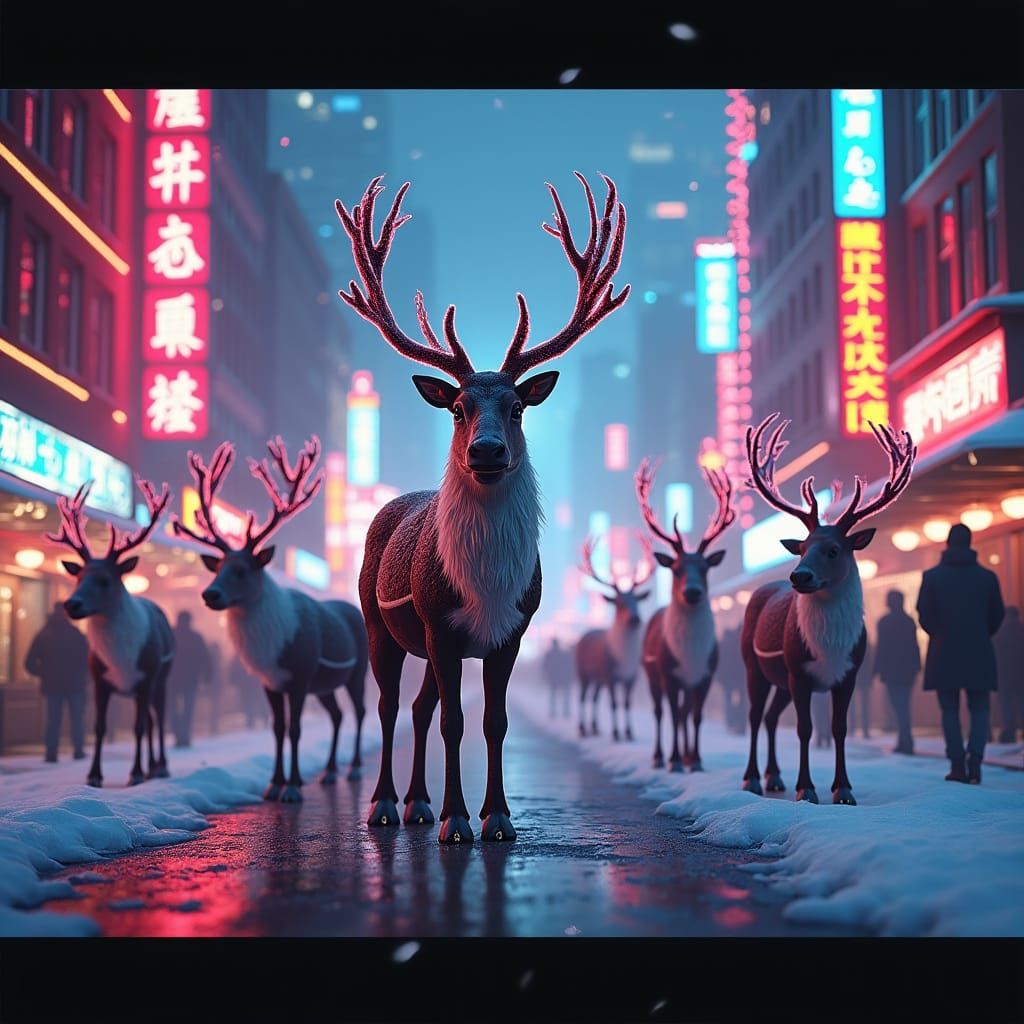 Reindeer in Neon Cityscape, Concept Art Style
