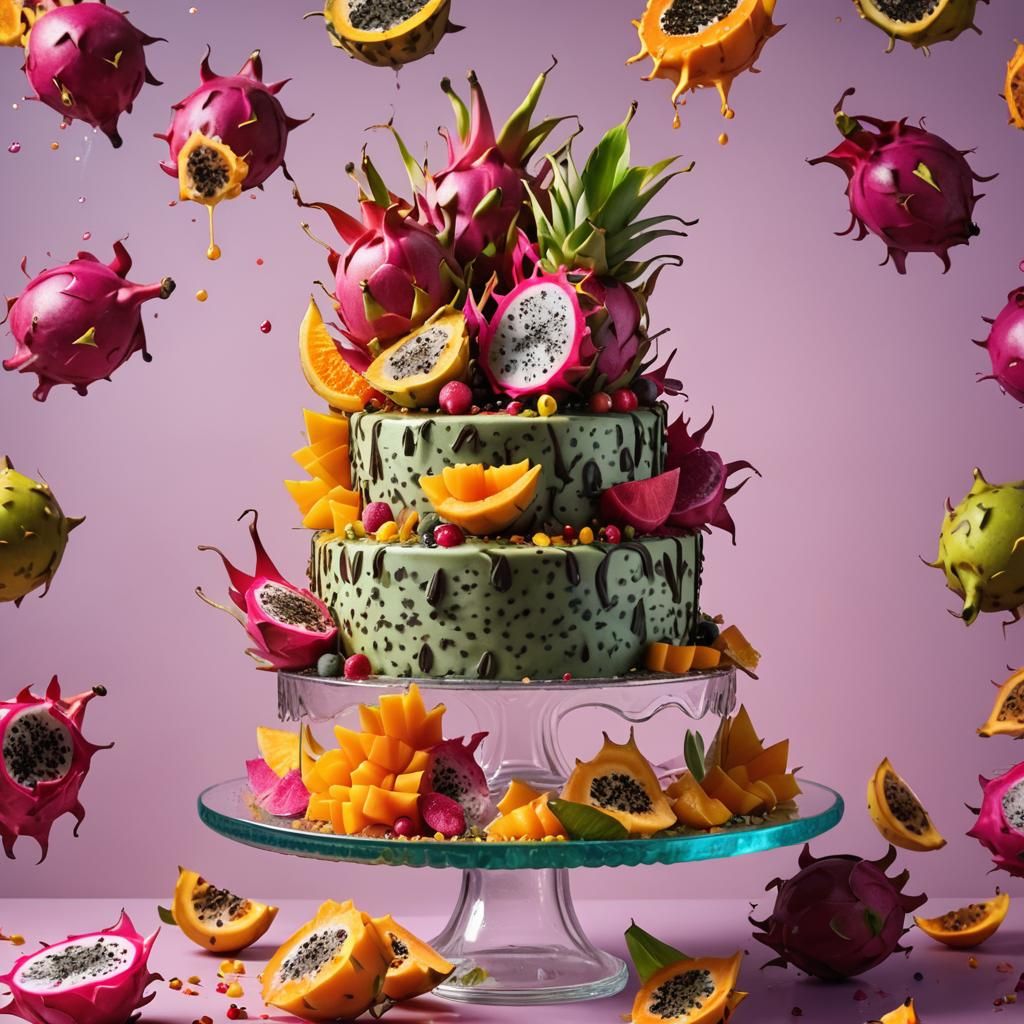 Exotic Tropical Fruit Cake: Hyperrealistic Splash Art