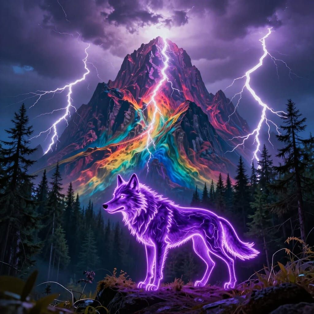 Neon Wolf Amidst Electric Rainbow Forest and Ominous Mountai...