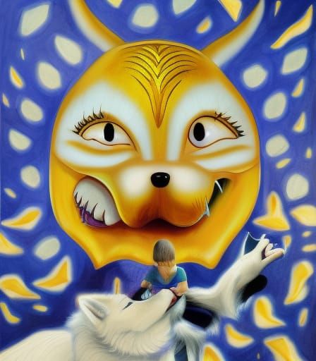 friendly fire monster hugging a wolf, oil painting, digital ...