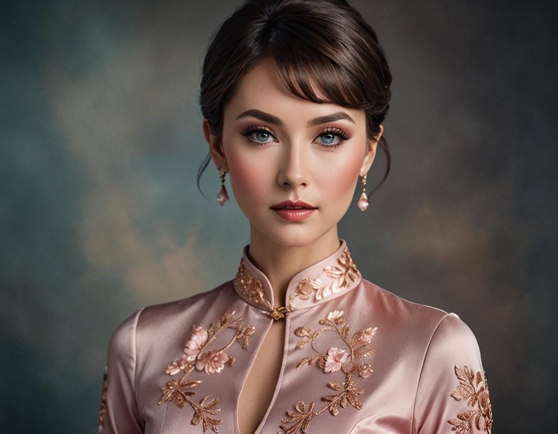 Brunette Woman in Rose Gold Qipao: Airbrush Portrait