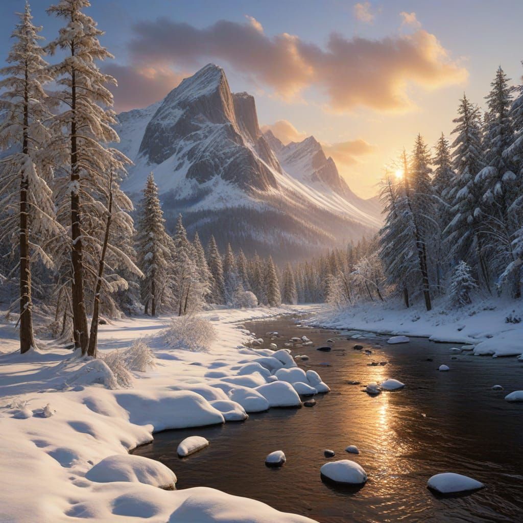 Serene Winter Wonderland with Towering Trees and Majestic Mo...