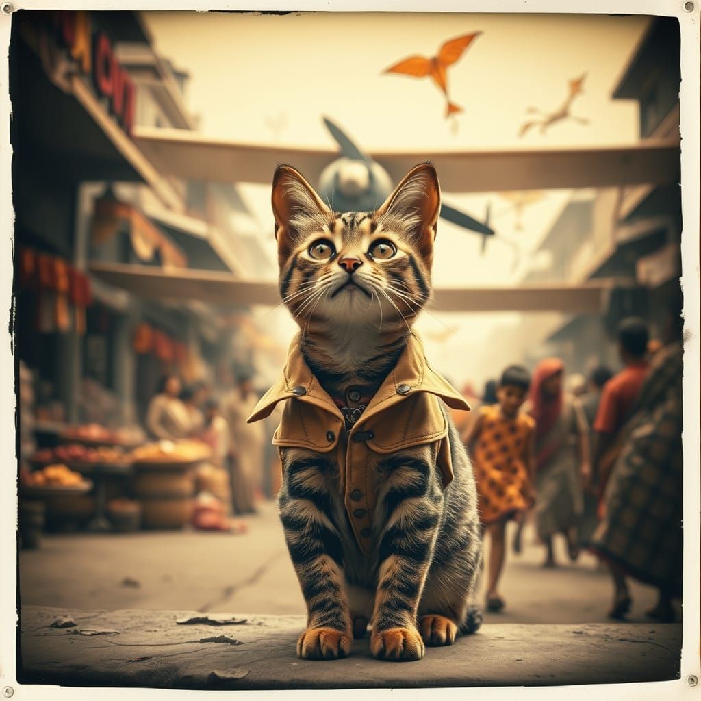 Tabby Cat Aviator in 1920s Indian Marketplace