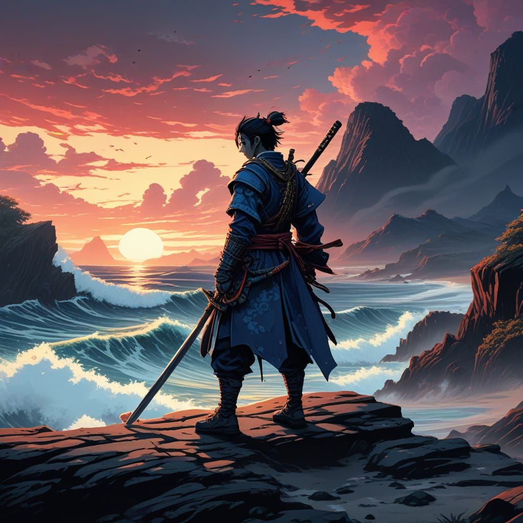 Majestic Samurai Warrior Stands at Ocean's Edge in Cyberpunk...