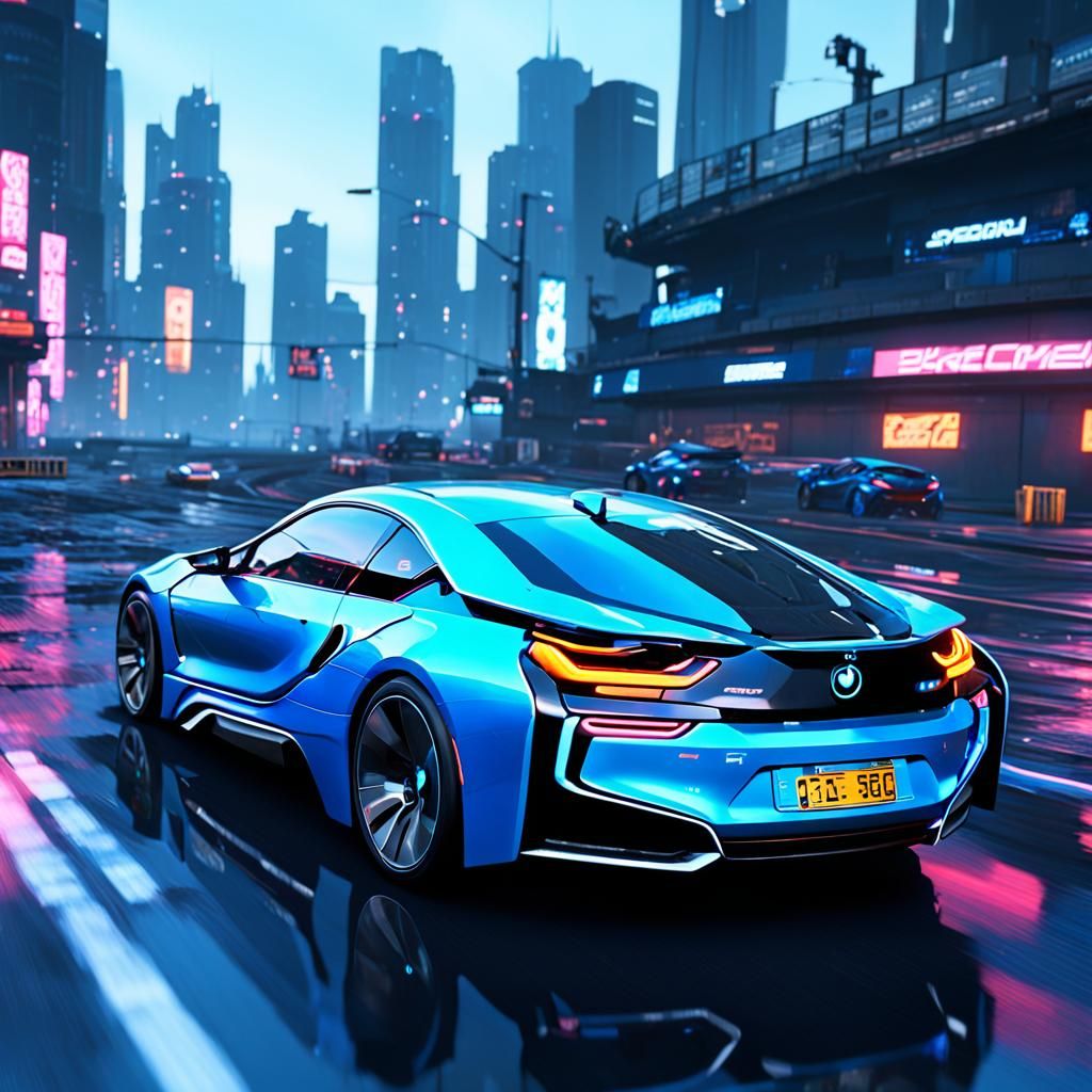 Neon Blue BMW i8 Racing in Cyberpunk Cityscape