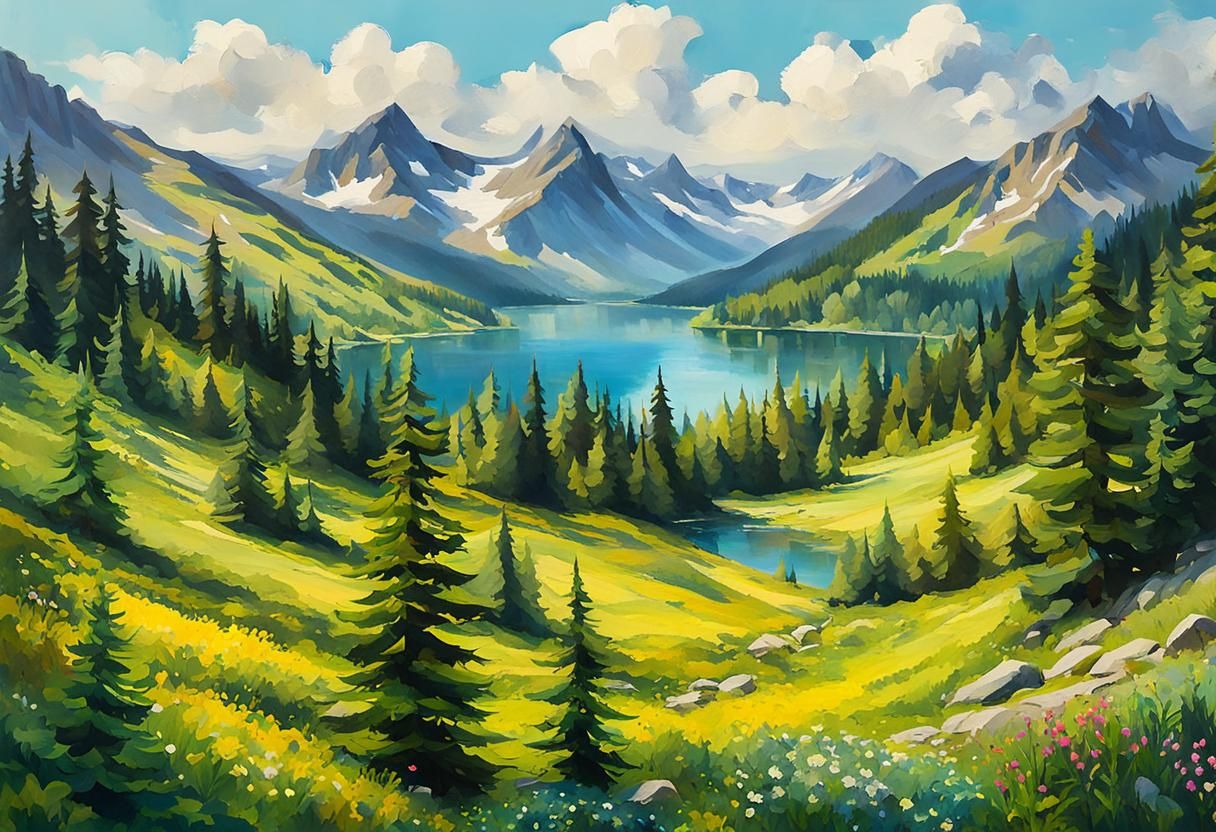 Gorgeous Mountain Lake Forest in Gouache Style