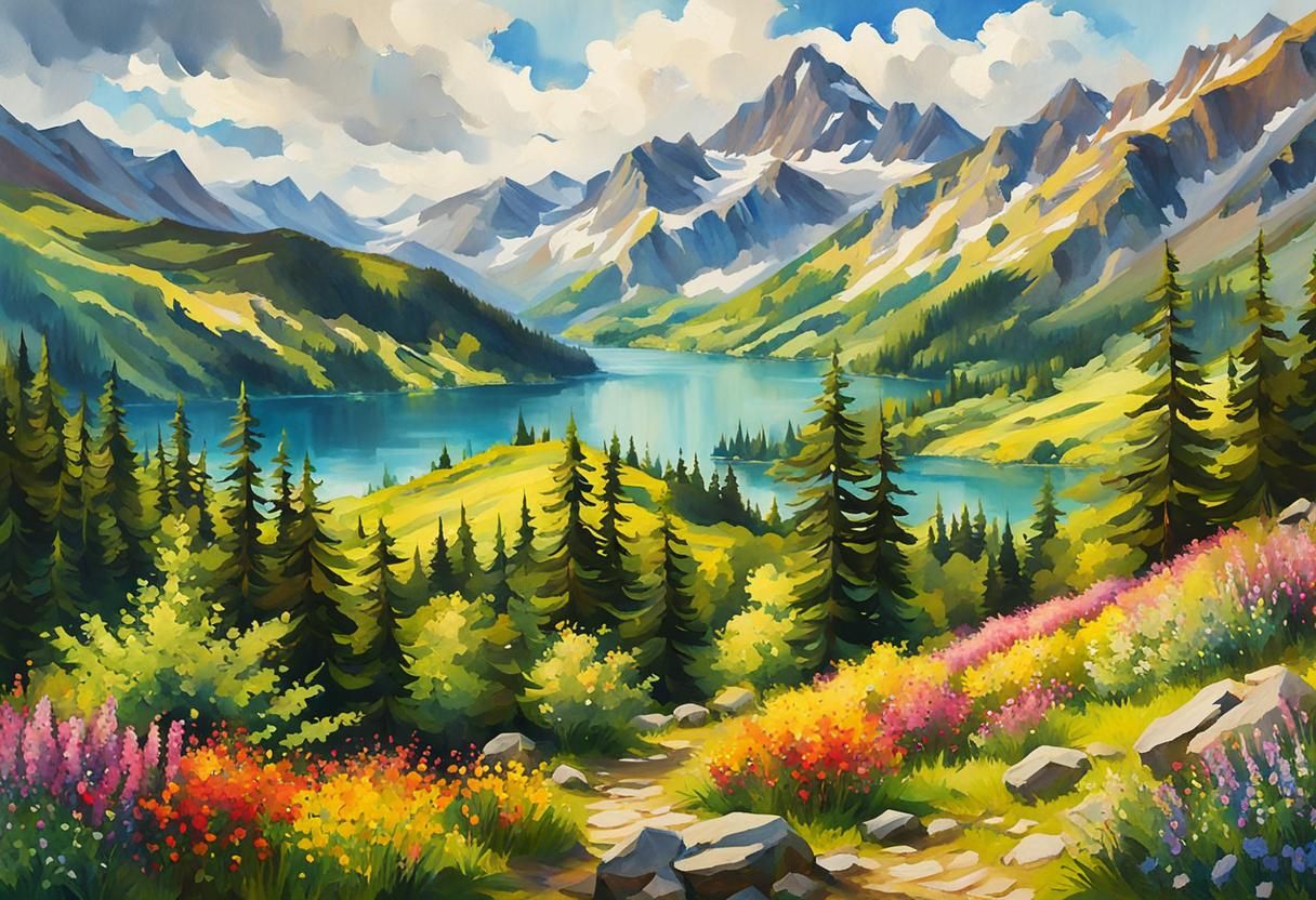 Mountain Lake Forest in Gouache Style