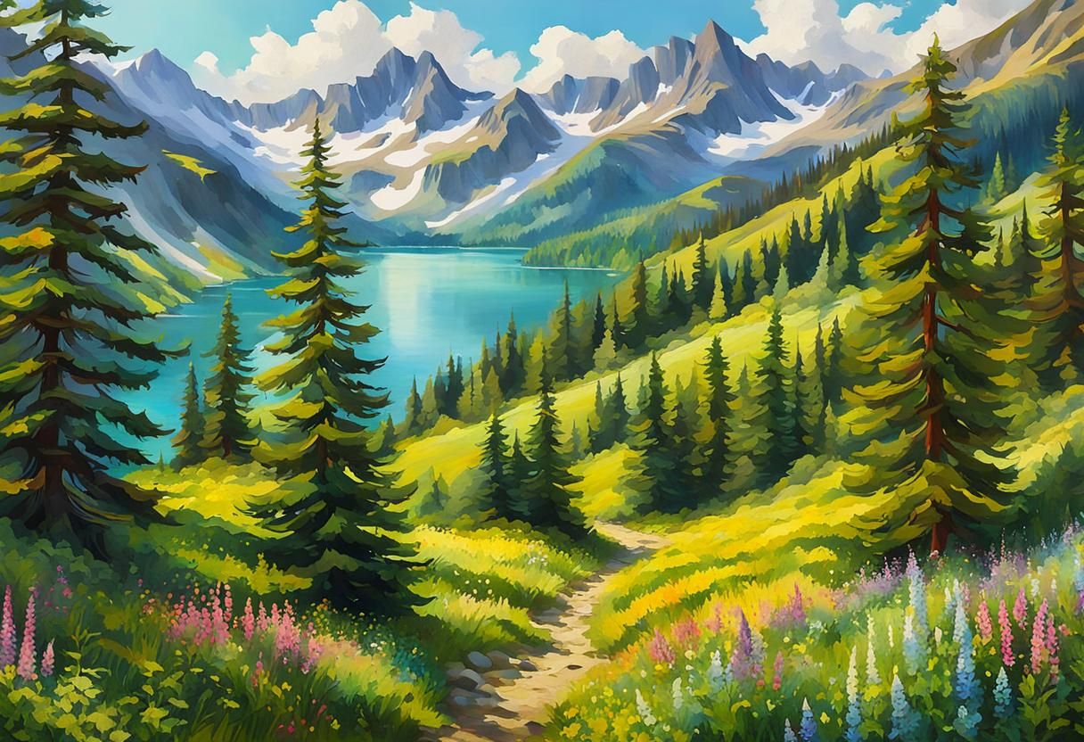 Mountain Lake Forest Landscape in Gouache Style