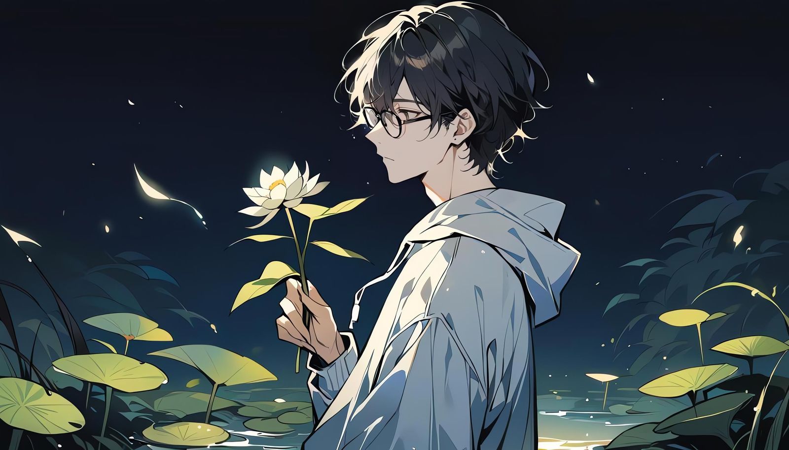 Boy Holding Water Lily at Night