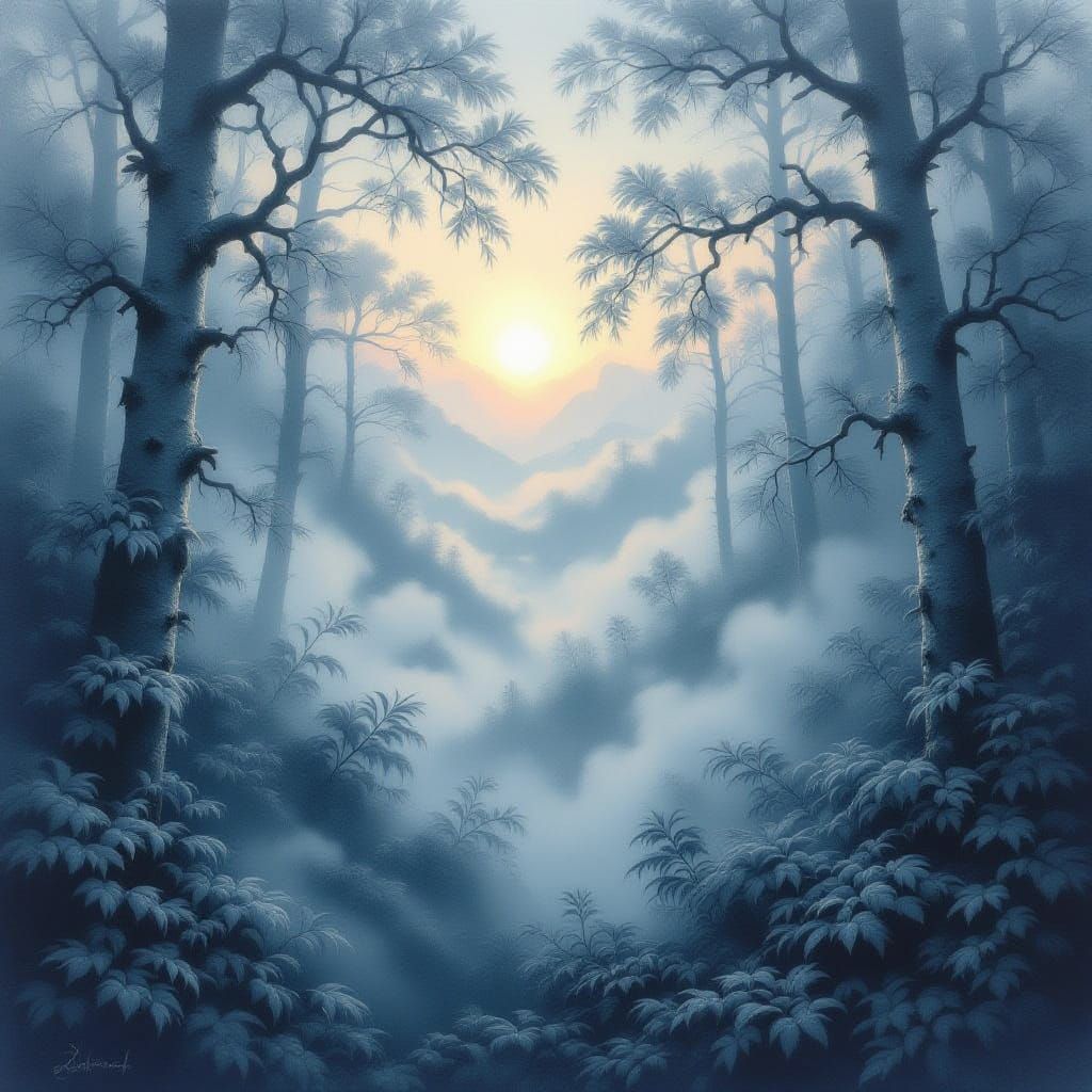 Mystical Forest in Ethereal Fog with Graphite Tones