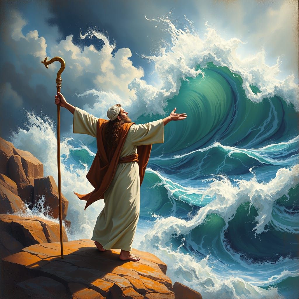 Moses Divides the Tumultuous Sea in a Dramatic, Surreal Land...