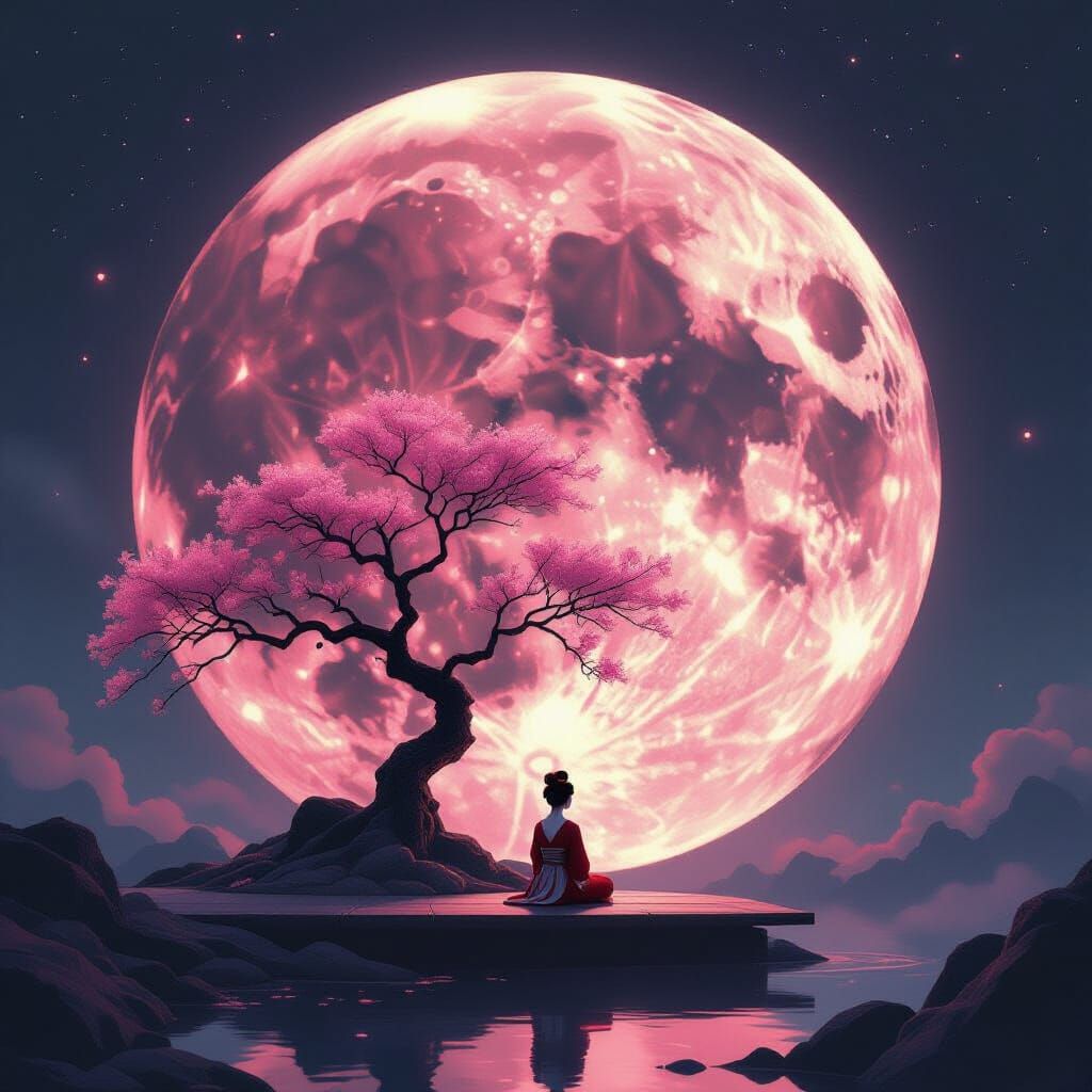 Surreal Moonscape with Geisha and Luminous Tree