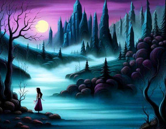 Ethereal Misty Waterfall Scene in Whimsical Fantasy Style