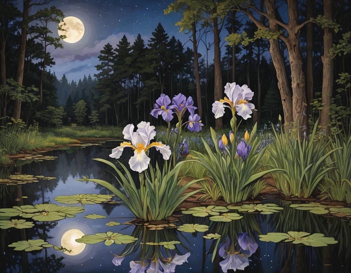 Night Blooming Irises by Reflection Pool Under Moonlight