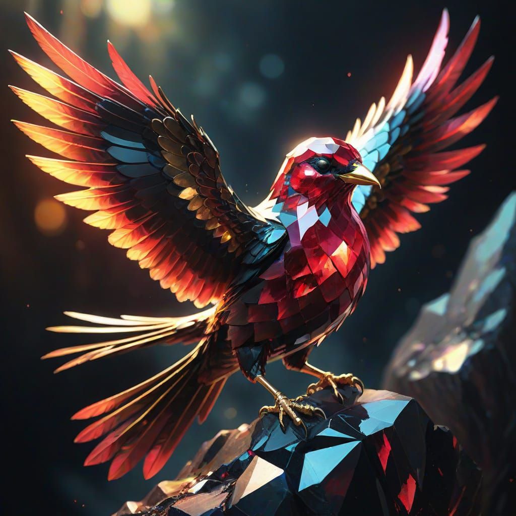 Ruby Crystal Bird on Obsidian, Fantasy Oil Painting