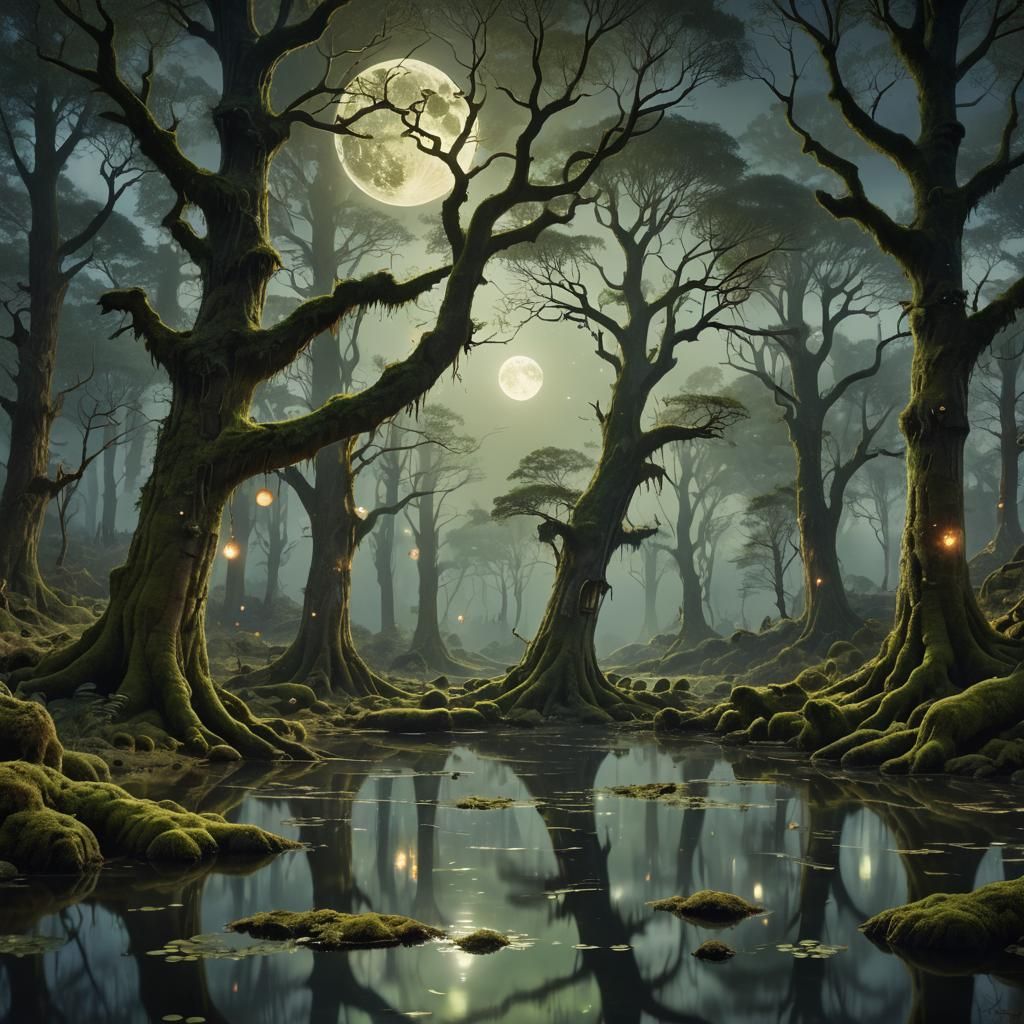 Mystical Landscape in Ancient Forest Bathed in Moonlight