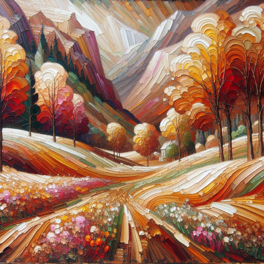 Textured Autumn Landscape Painting in Vienna Secession Style