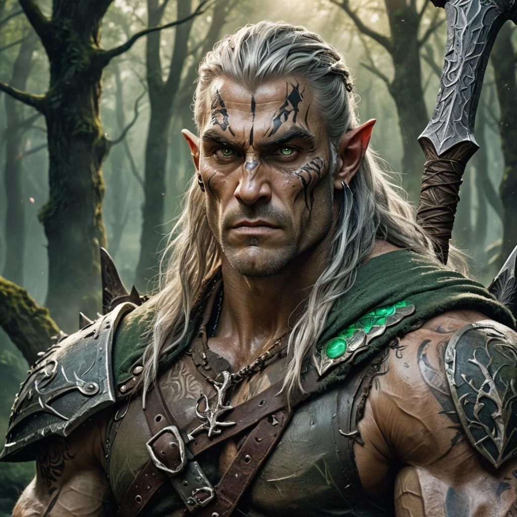 Elven Barbarian with Greataxe in Mystical Forest