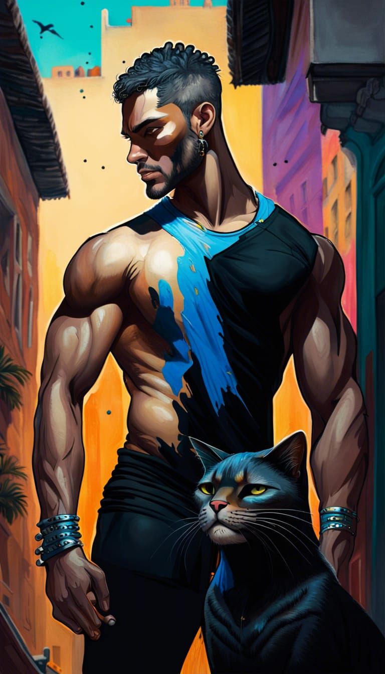 Man and Bastet Cat in Hyperrealistic Splash Art