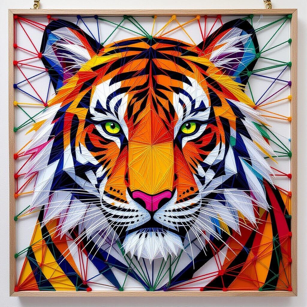 Kaleidoscopic String Art Tiger Figure