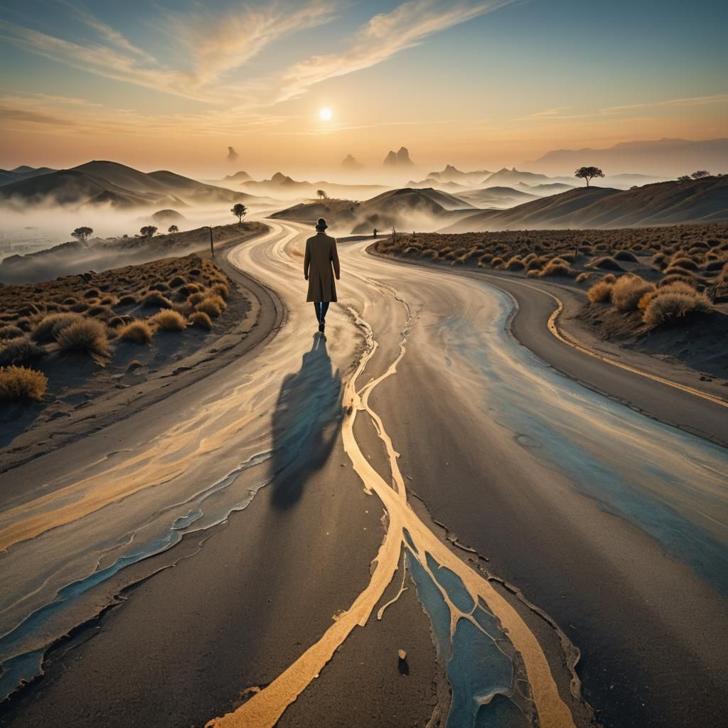 Ethereal Figure on Misty Road in Fauvist Style