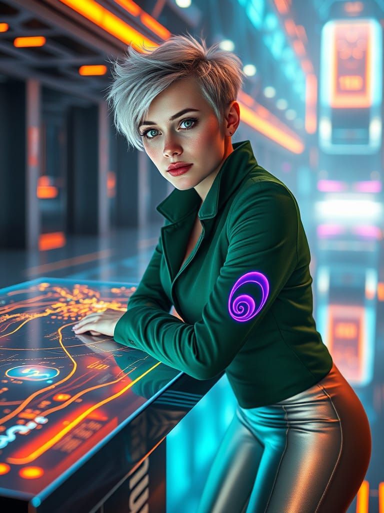 Ethereal Woman in Neon-Lit Futuristic Tech Hub