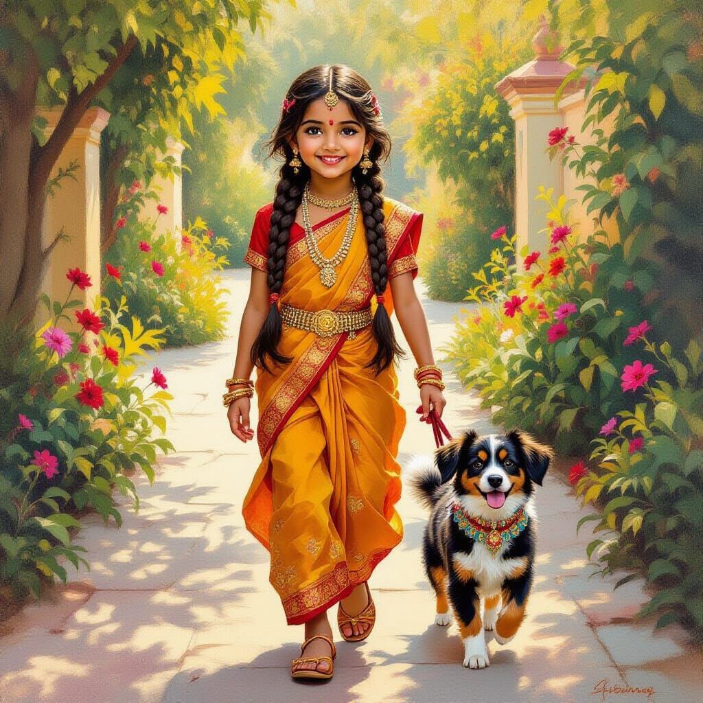 East Indian Girl with Dog in Ornate Street Fashion