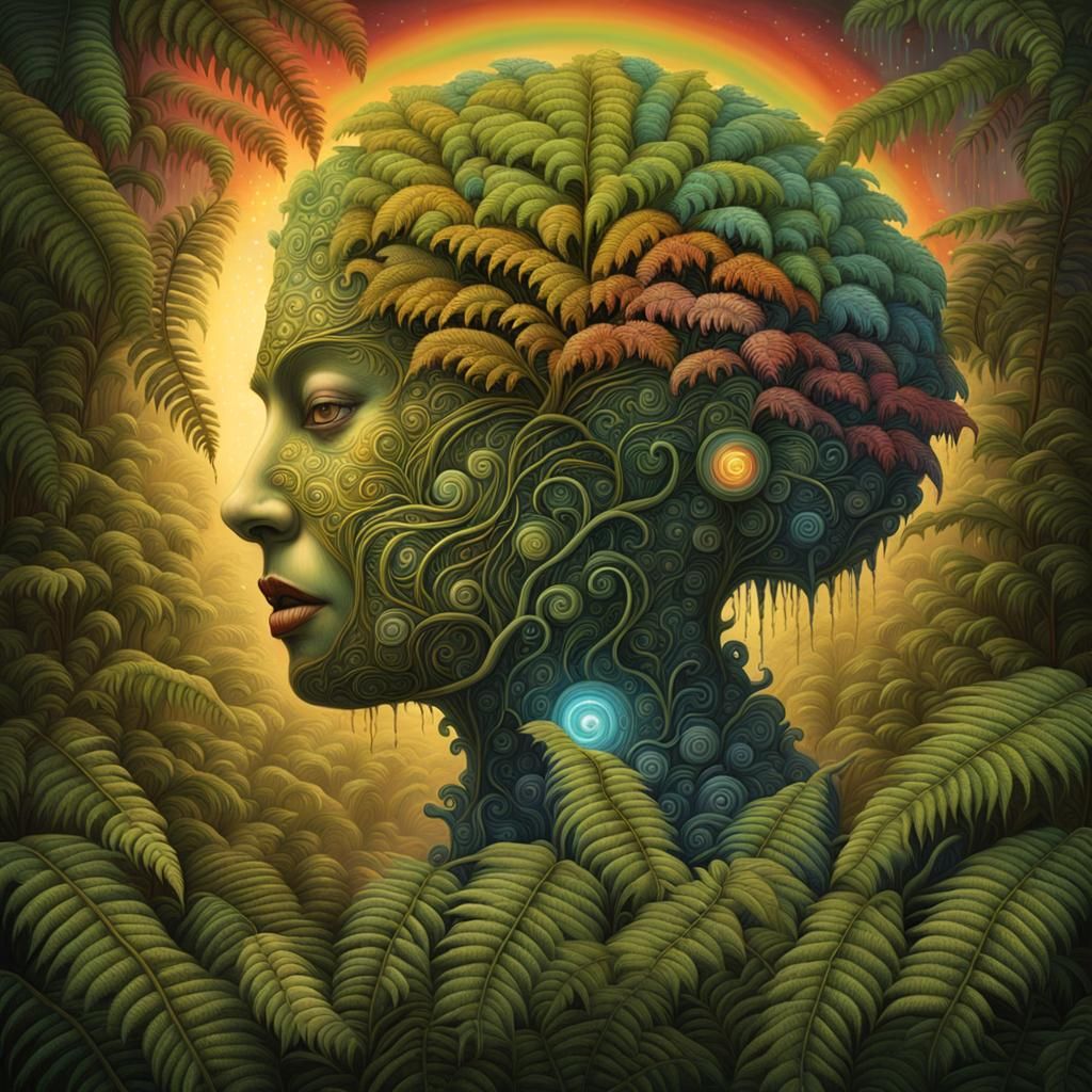 Rainbow Entity Merges with Fern in Biomechanical Forest