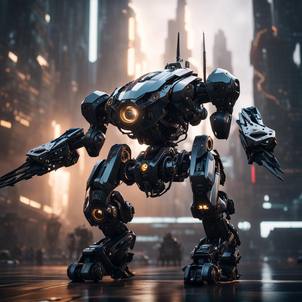 Futuristic Black Robot Flies in Sci-Fi Scene