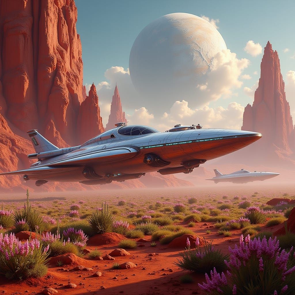 Futuristic Spacecraft Landing on Mars with Earth Reflection