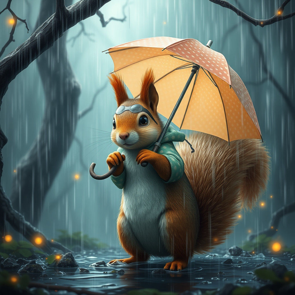 Squirrel in Rain with Umbrella, Detailed Matte Painting