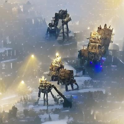 Steampunk Mechs in a Frostpunk Cityscape